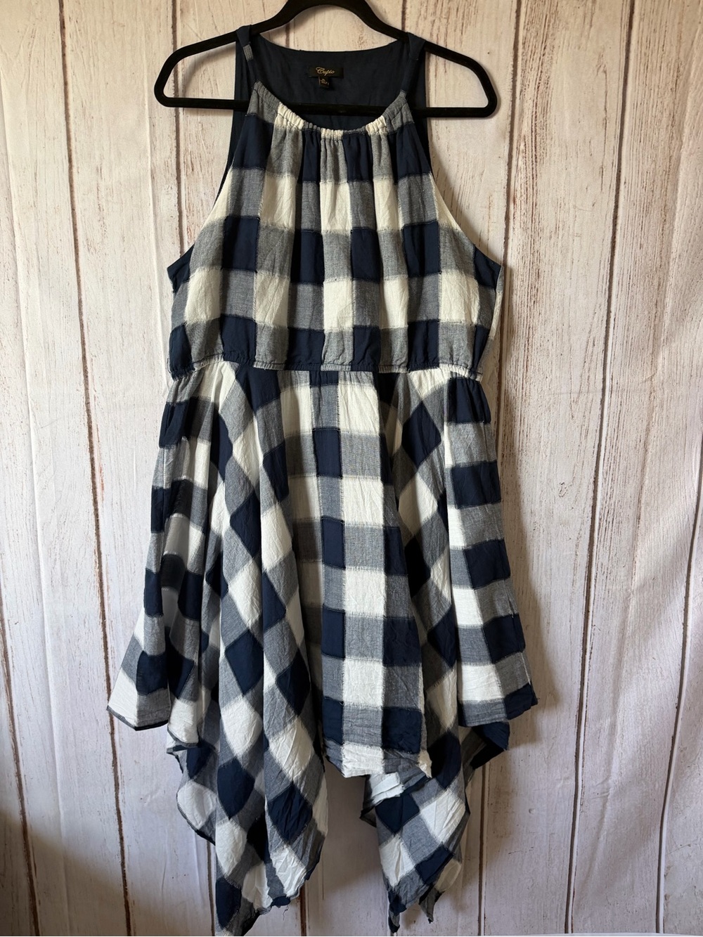 Cupio Navy and White Gingham Plaid Cotton Sharkbite Hem Halter Dress Size XL